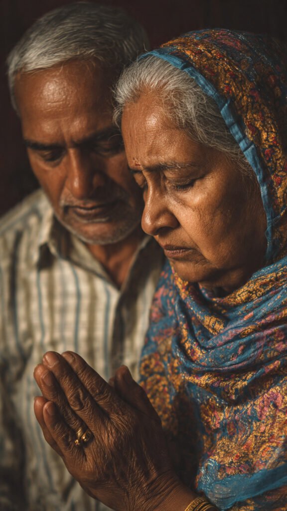 indian middle class aged couple praying